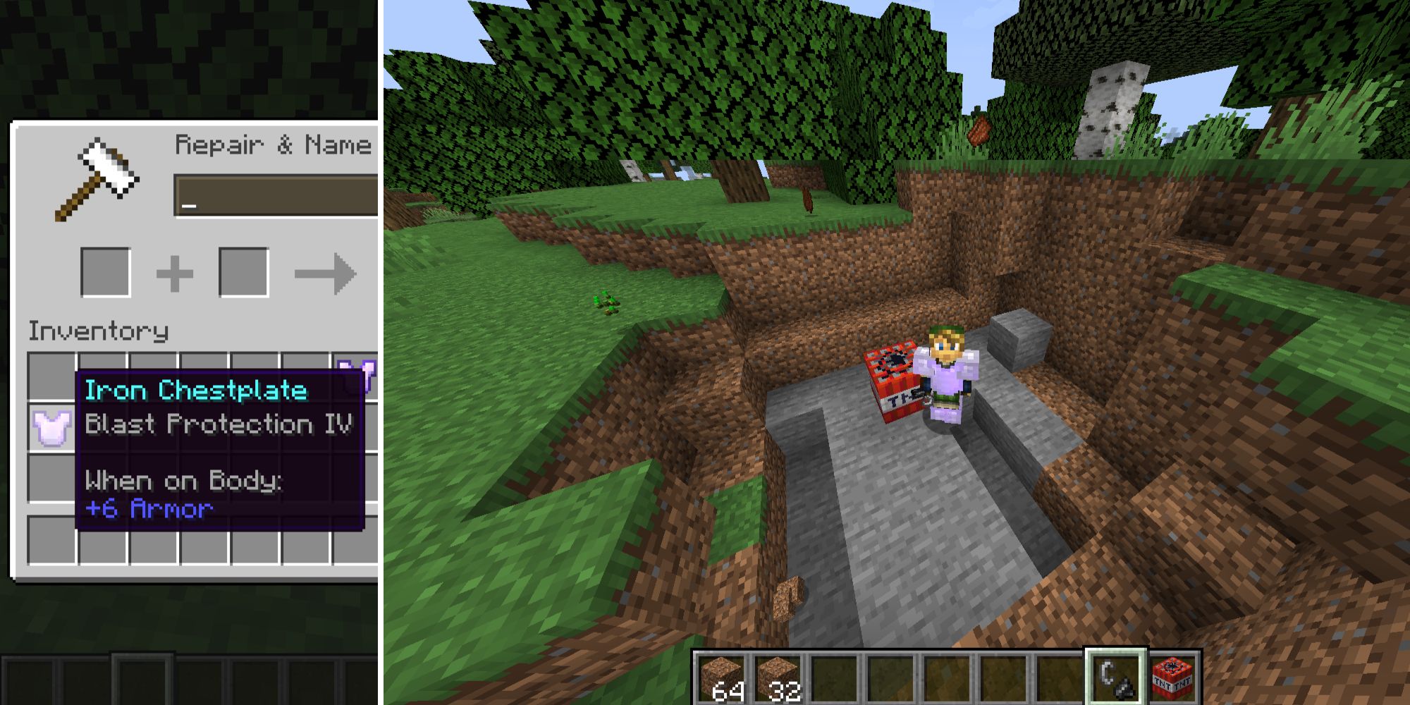 Blast Protection armor and the player inside the blast crater in Minecraft