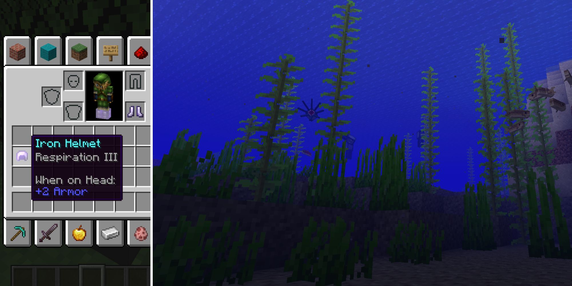 A Helmet of Respiration and the Underwater player in Minecraft