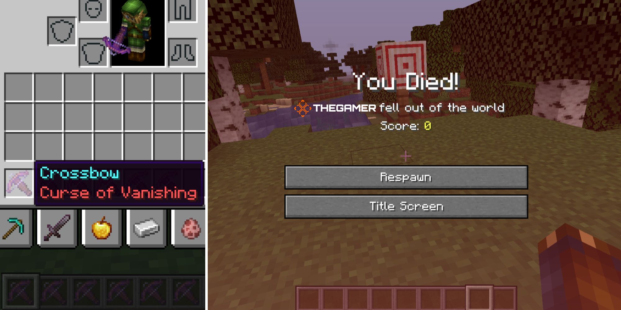 A crossbow enchanted with Curse of Vanishing and the player death screen.