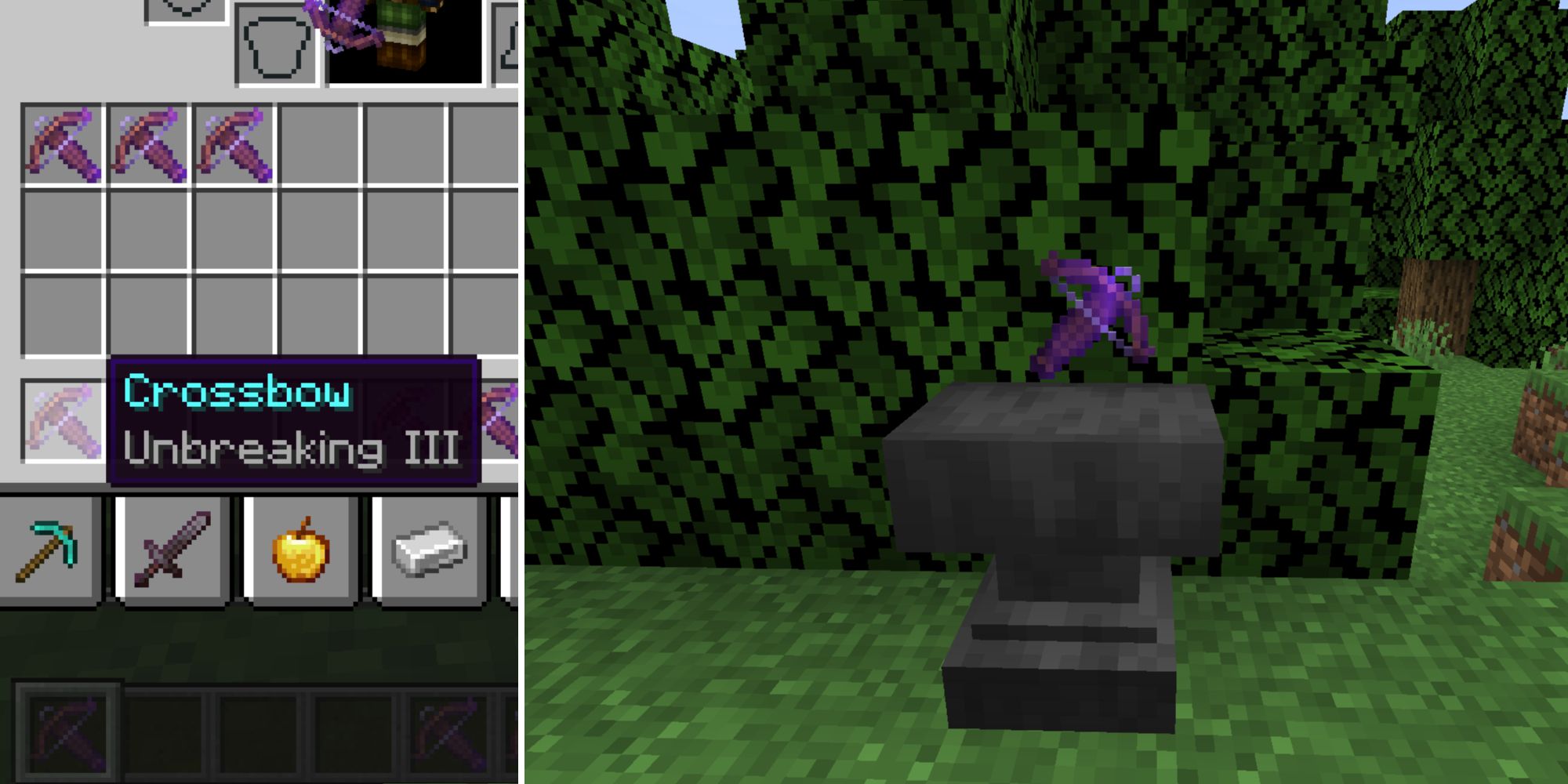 A crossbow enchanted with Unbreaking and a crossbow on top of an anvil