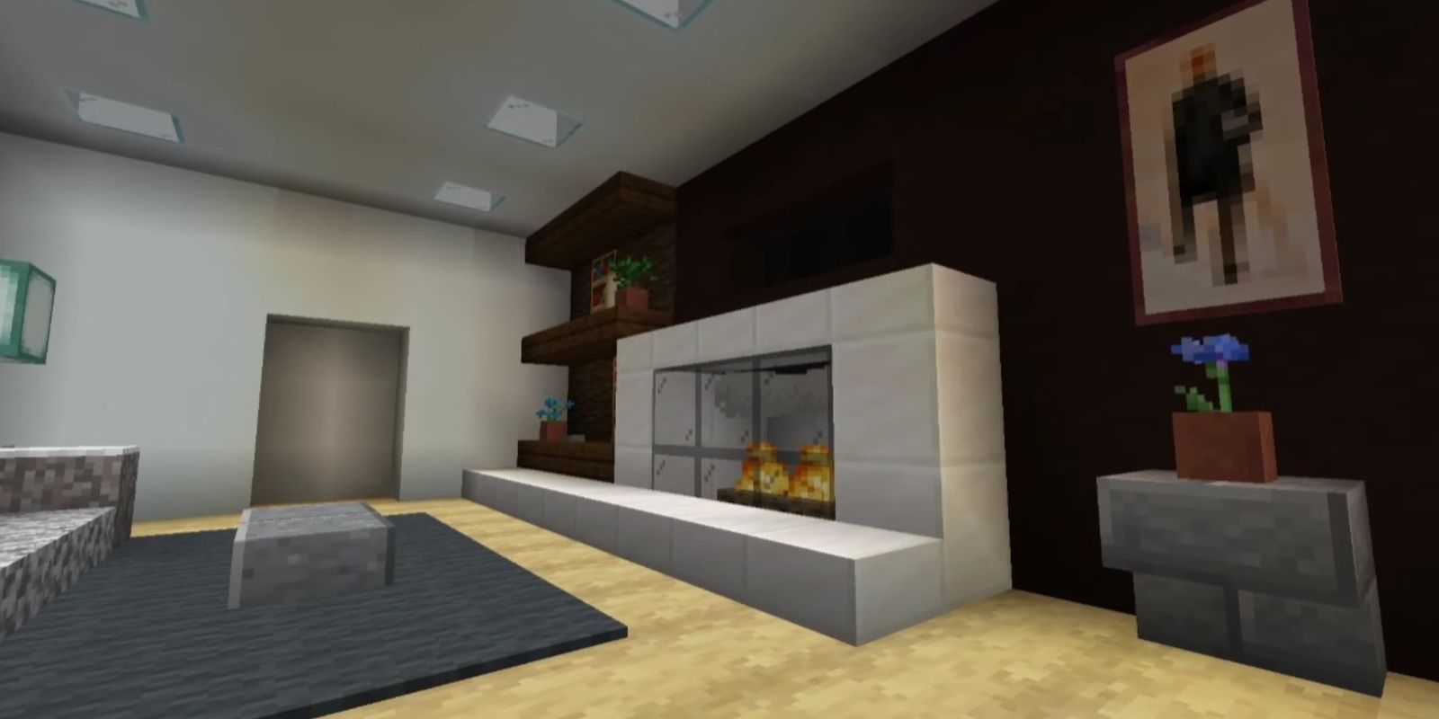 A cozy Minecraft living room displaying a modern fireplace