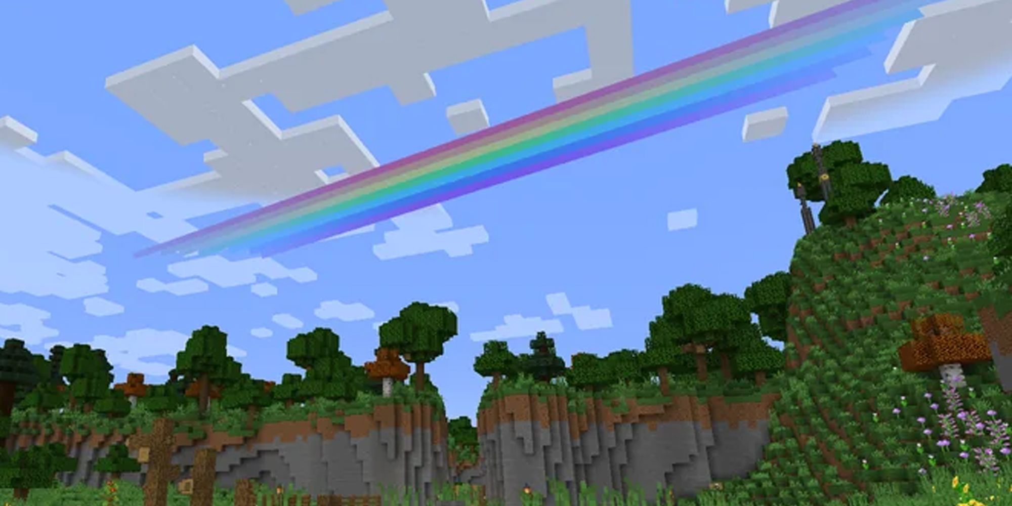 Minecraft straight rainbow shooting through the sky above a forest