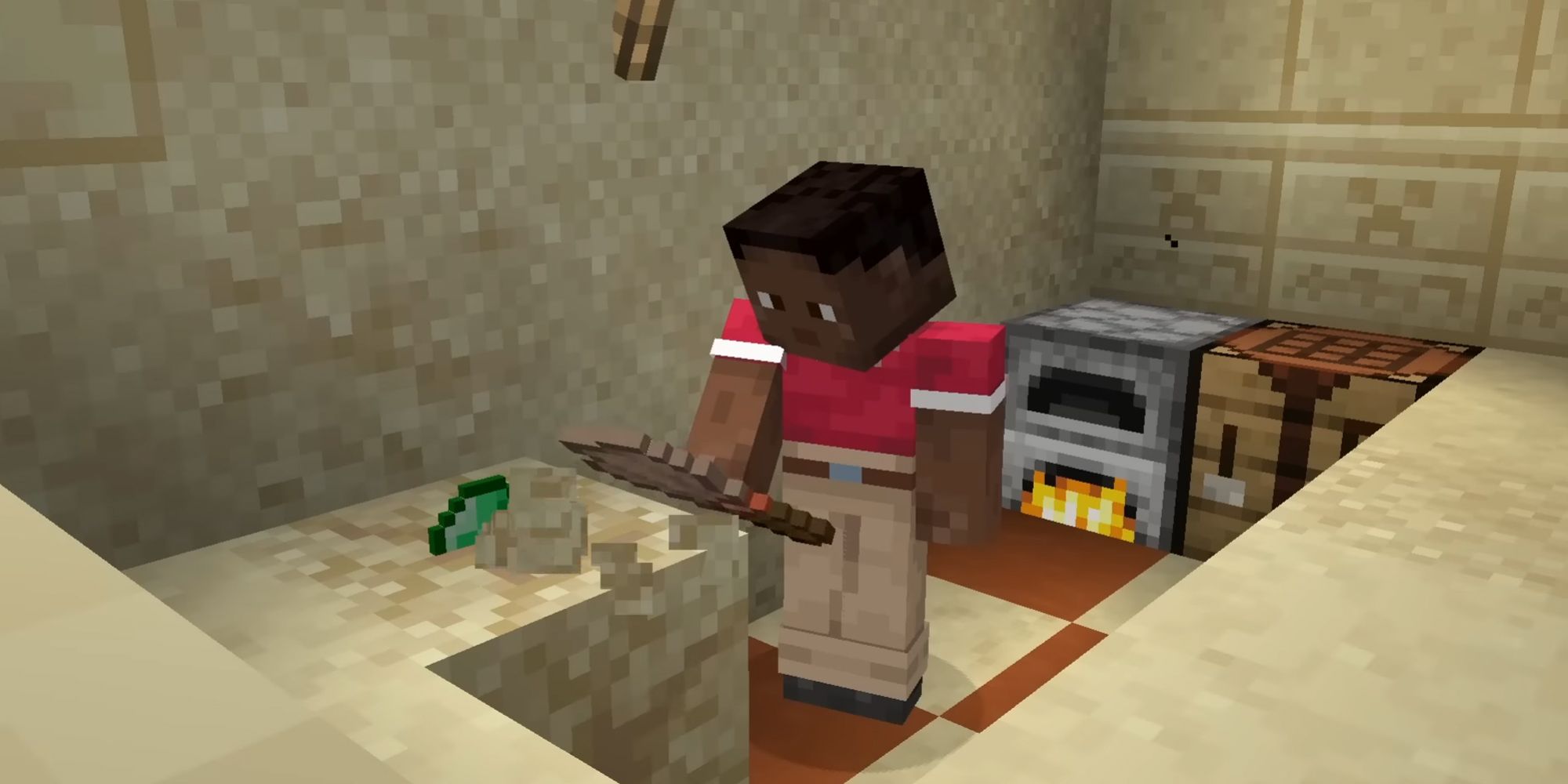 Minecraft player digging emeralds out of sand next to a furnace and crafting table