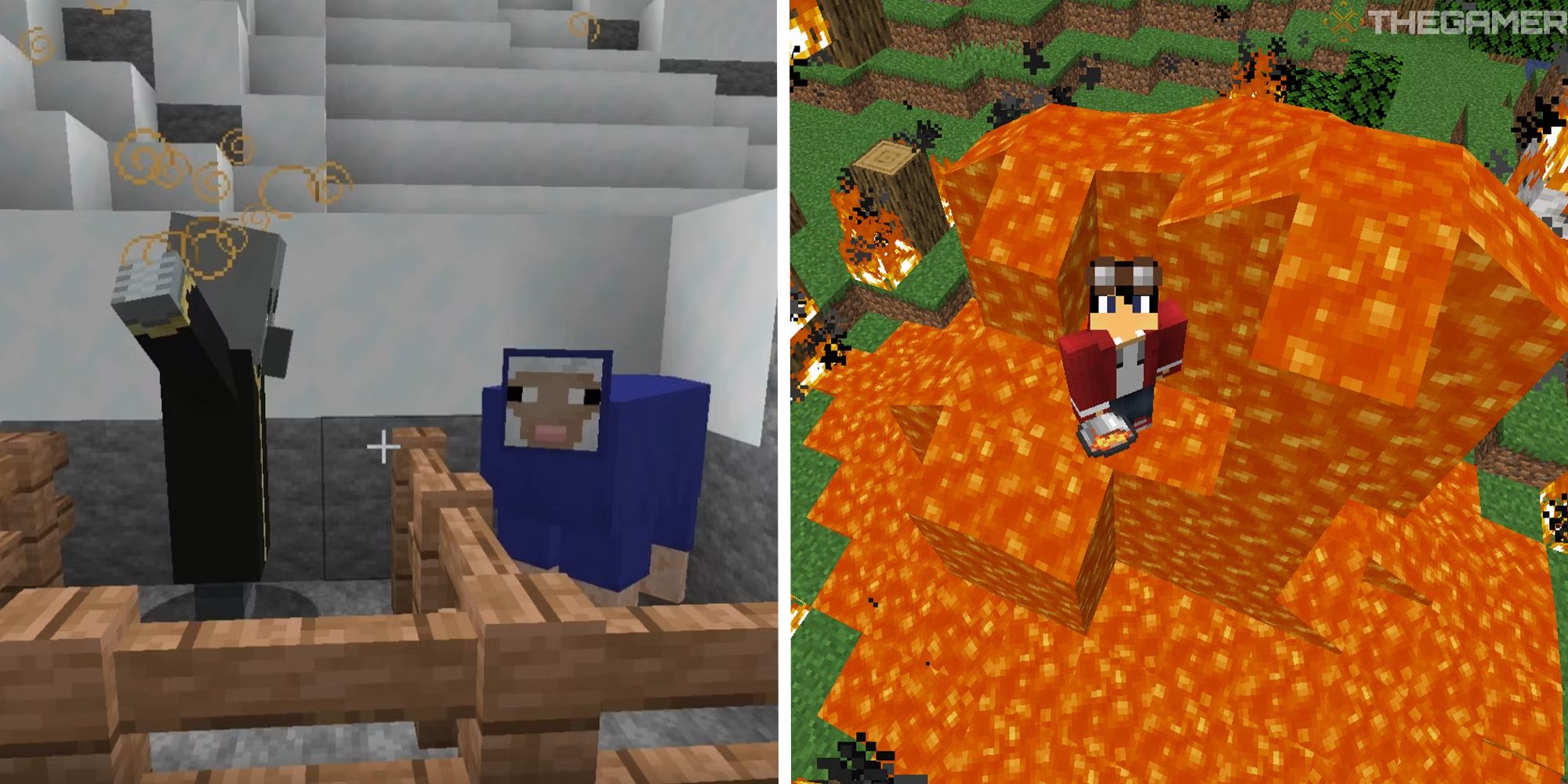 split image showing evoker and player standing on lava