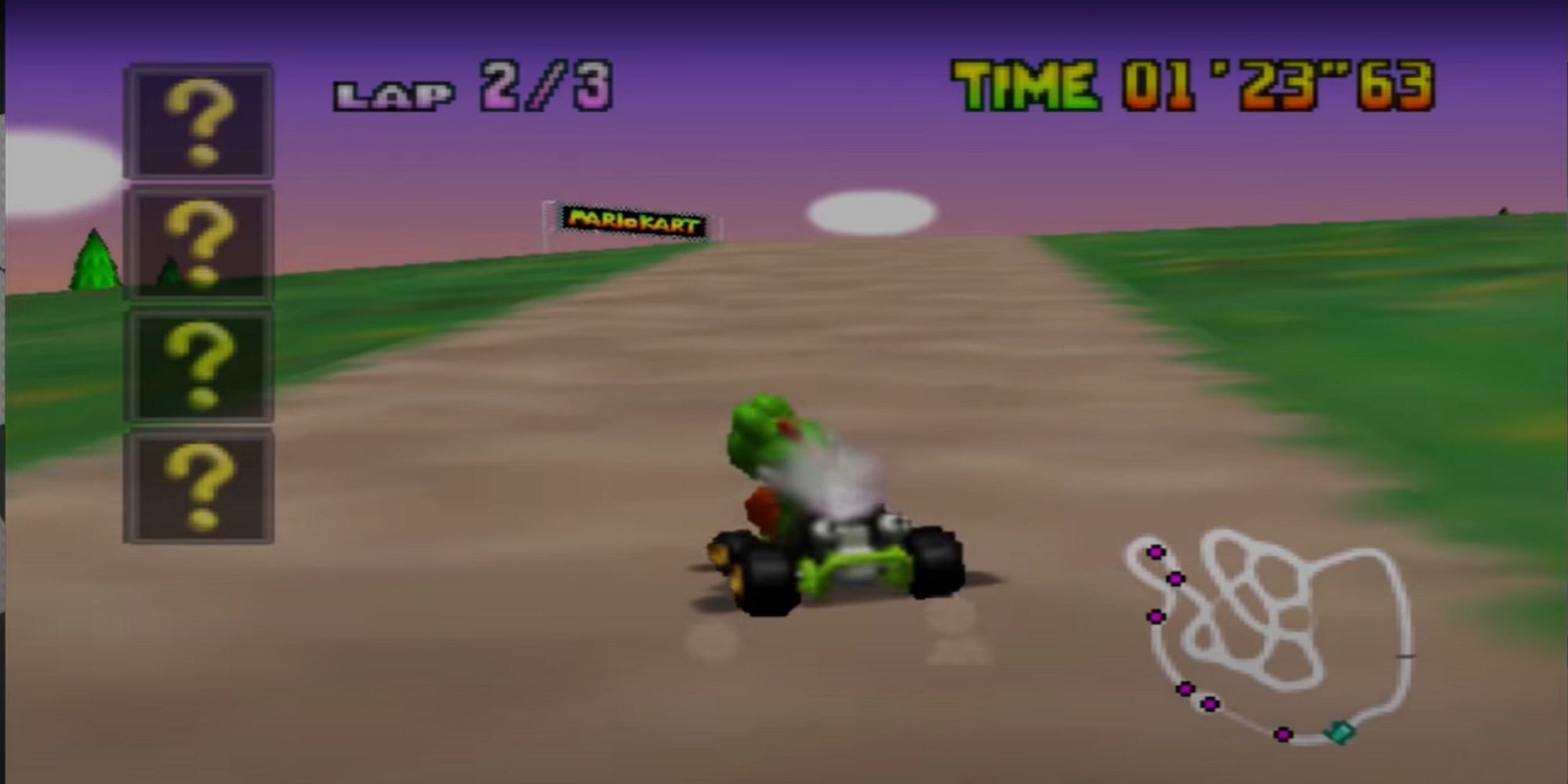 Yoshi riding a course in Mario Kart 2