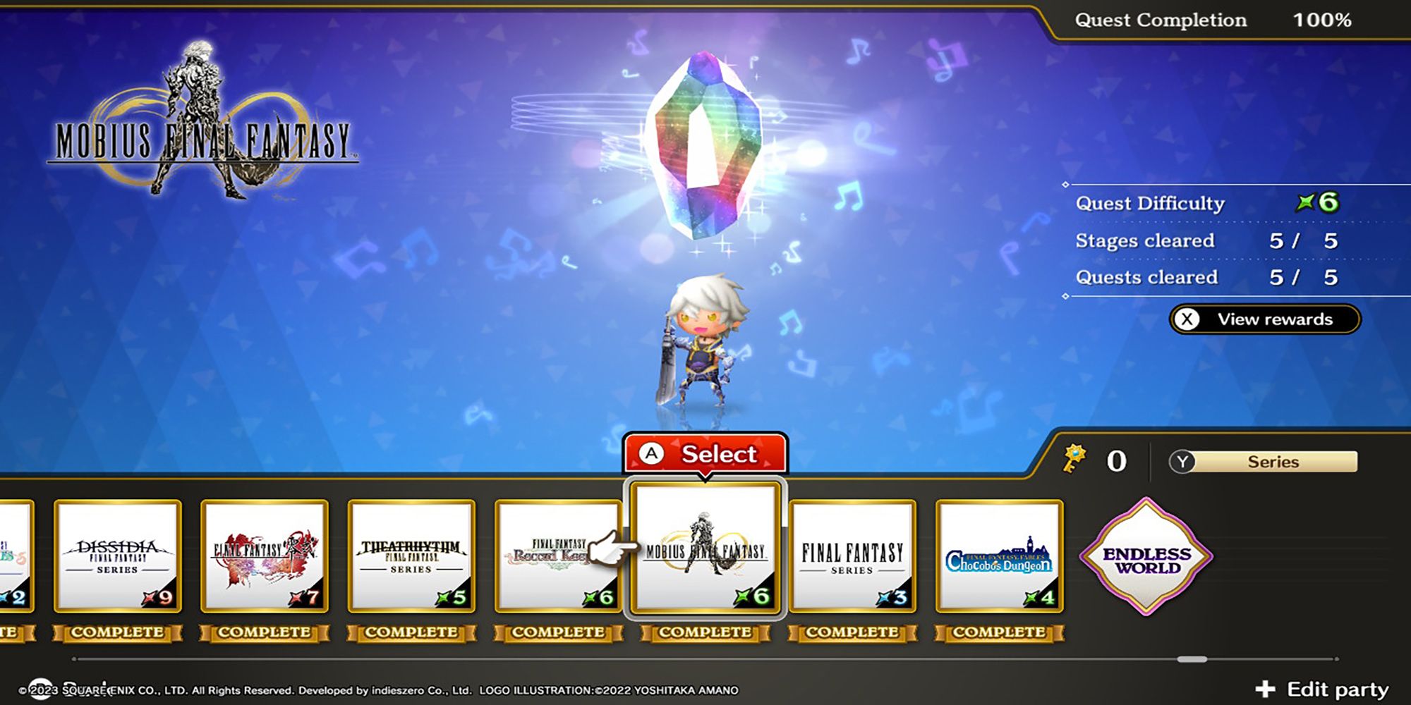 Wol stands below a glowing Rhythmia crystal in Theatrhythm: Final Bar Line's Series Title Select Screen.