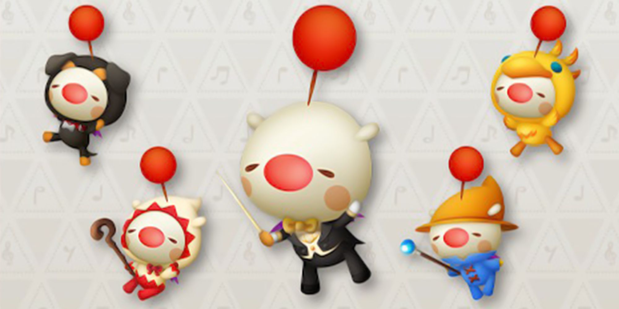 A Black Puppy moogle, White Mage moogle, Conductor moogle, Black Mage moogle, and Yellow Chocobo moogle stand against a beige background with music notes in Theatrhythm: Final Bar Line.