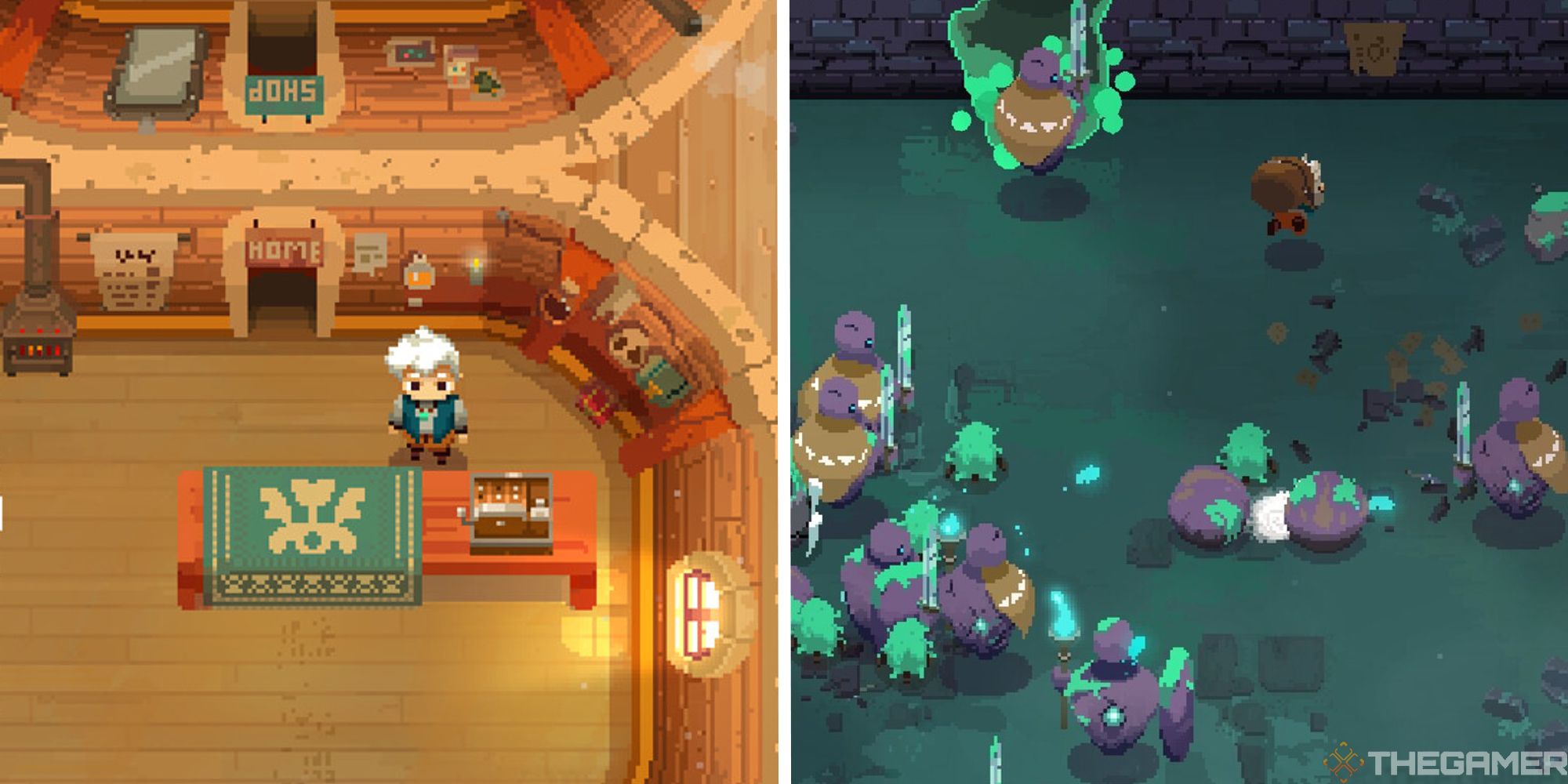 split image showing will at work in shop next to image of will in dungeon