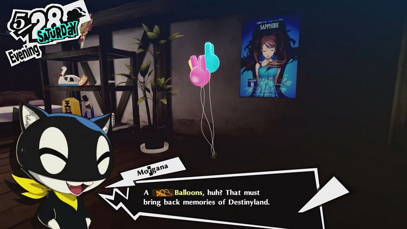 morgana commenting on the balloon floor item in joker's bedroom in front of the rise idol poster and persona 5 shelf