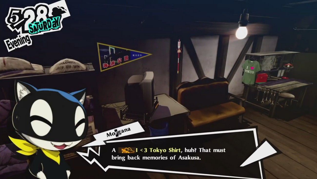 morgana in joker's bedroom as he hangs his persona 5 royal wall decorations with the penant and i heart tokyo shirt in p5r
