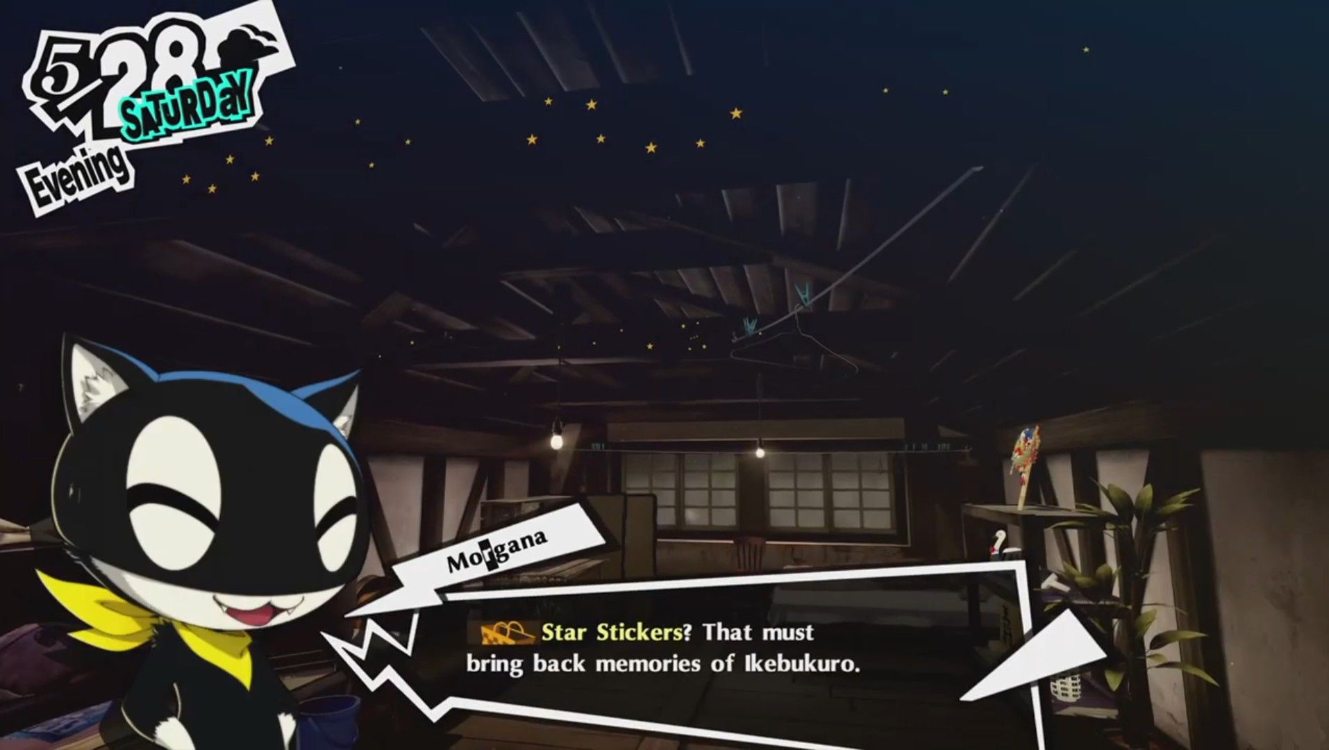 morgana reminding joker of the time he spent with yusuke in ikebukuro to get the star ceiling decoration in persona 5 royal