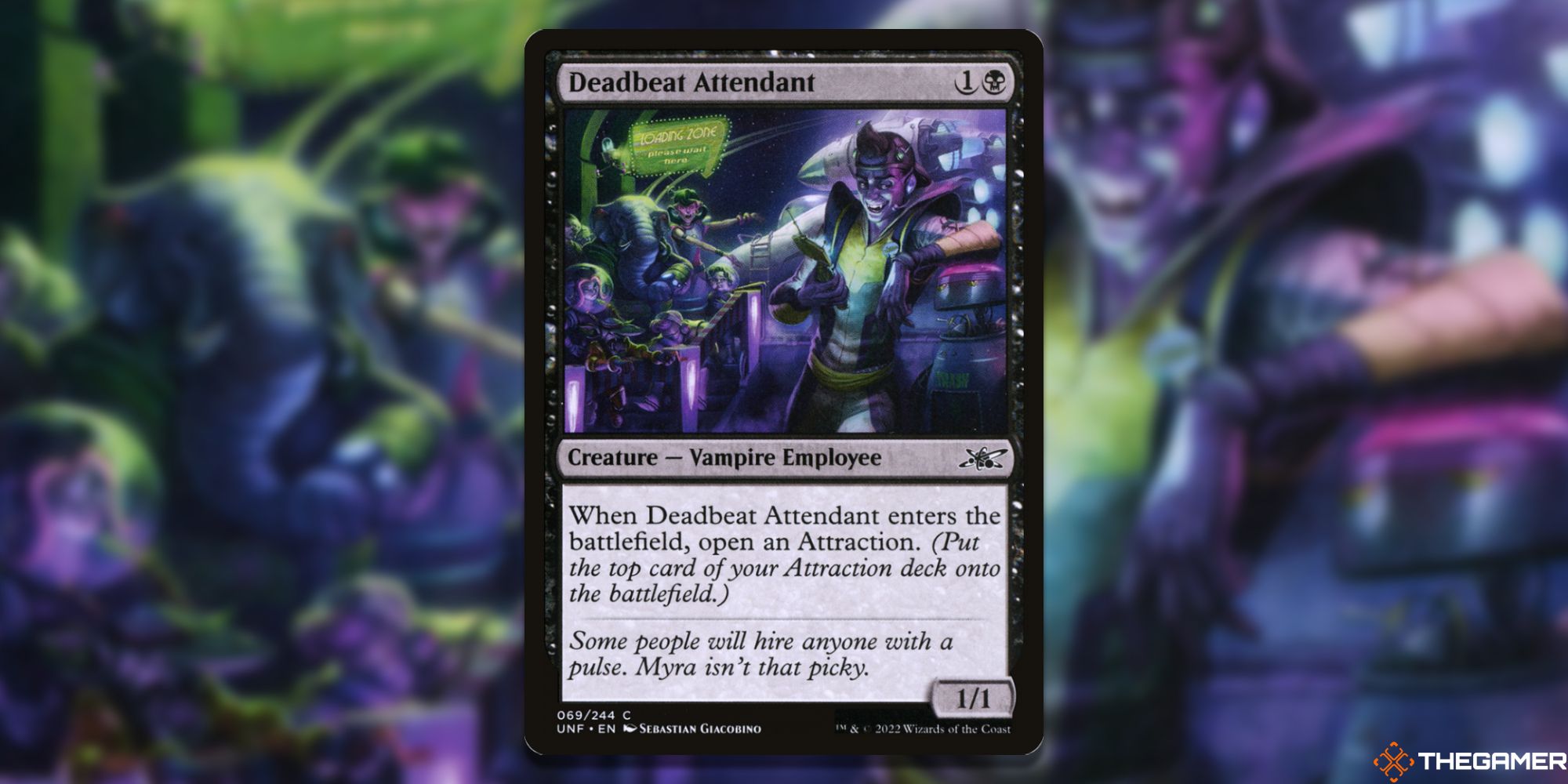Image of the Deadbeat Attendant card in Magic: The Gathering, with art by Sebastian Giacobino