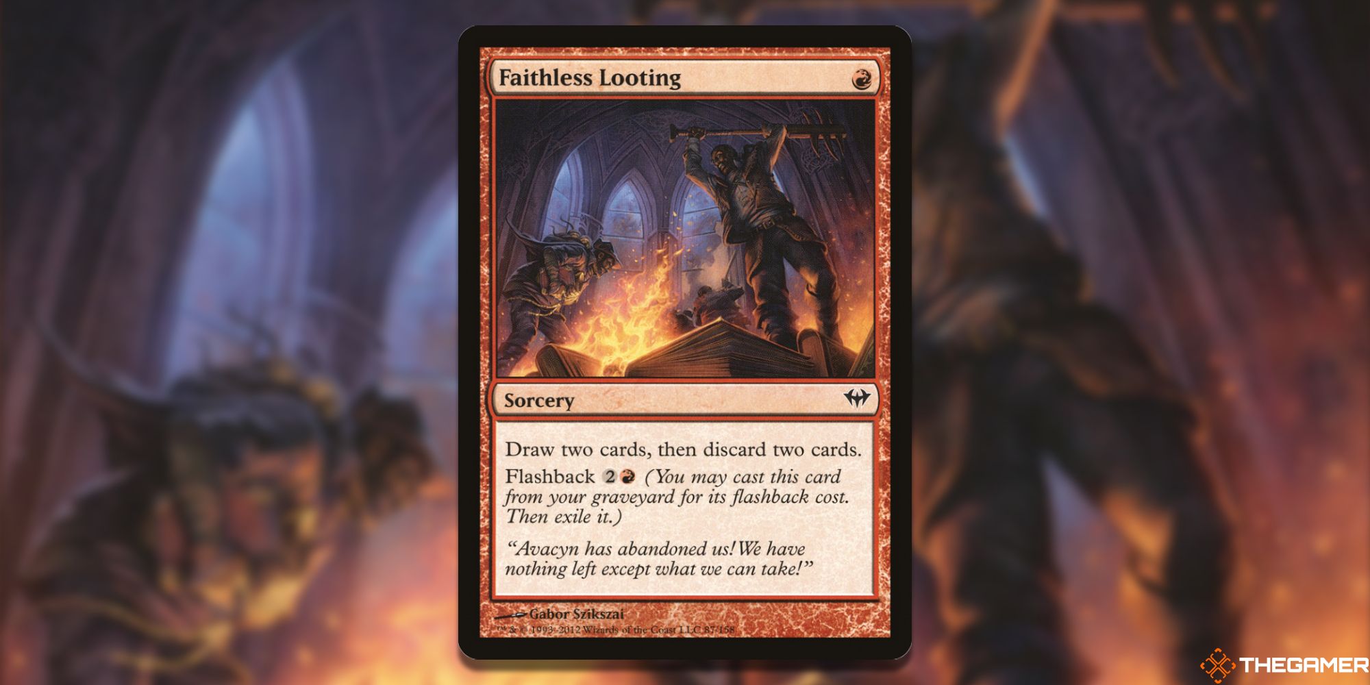 Image of the Faithless Looting card in Magic: The Gathering, with art by Gabor Szikszai