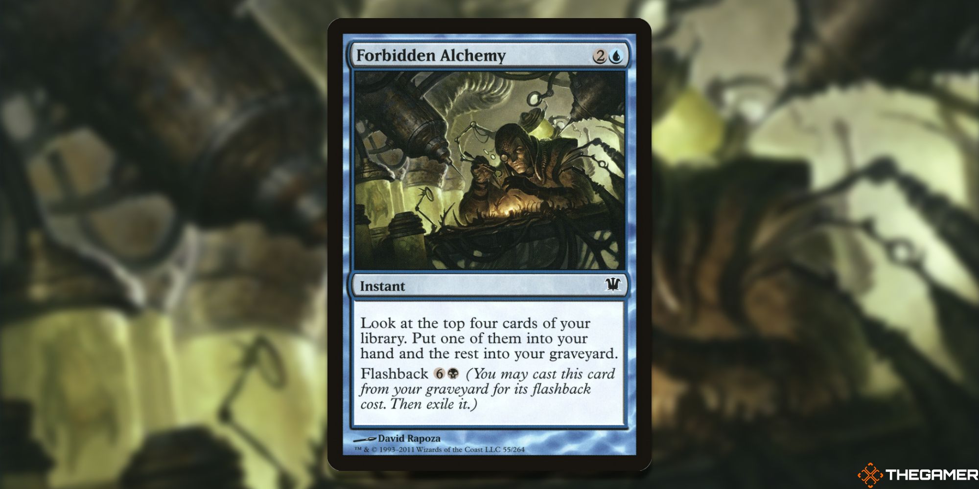 Image of the Forbidden Alchemy card in Magic: The Gathering, with art by David Rapoza