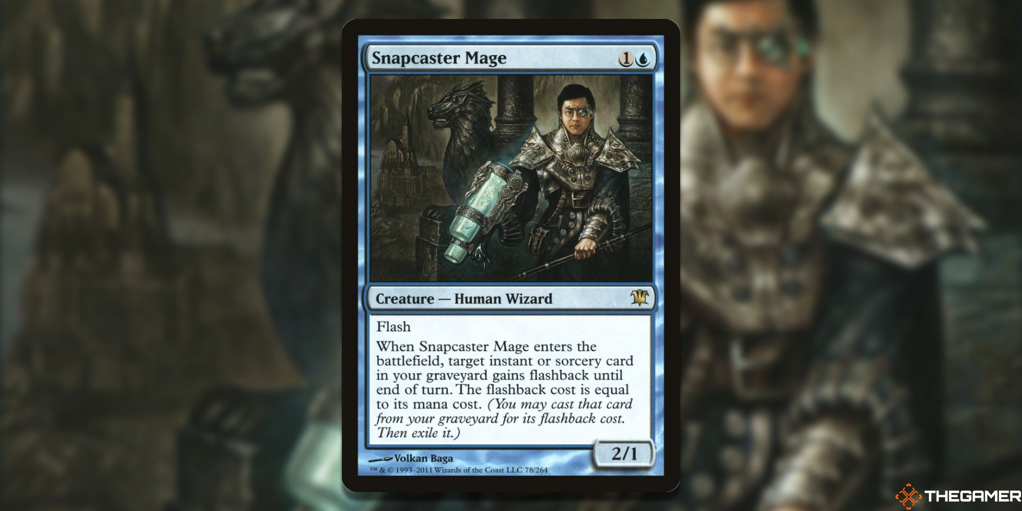 Image of the Snapcaster Mage card in Magic: The Gathering, with art by Volkan Baga