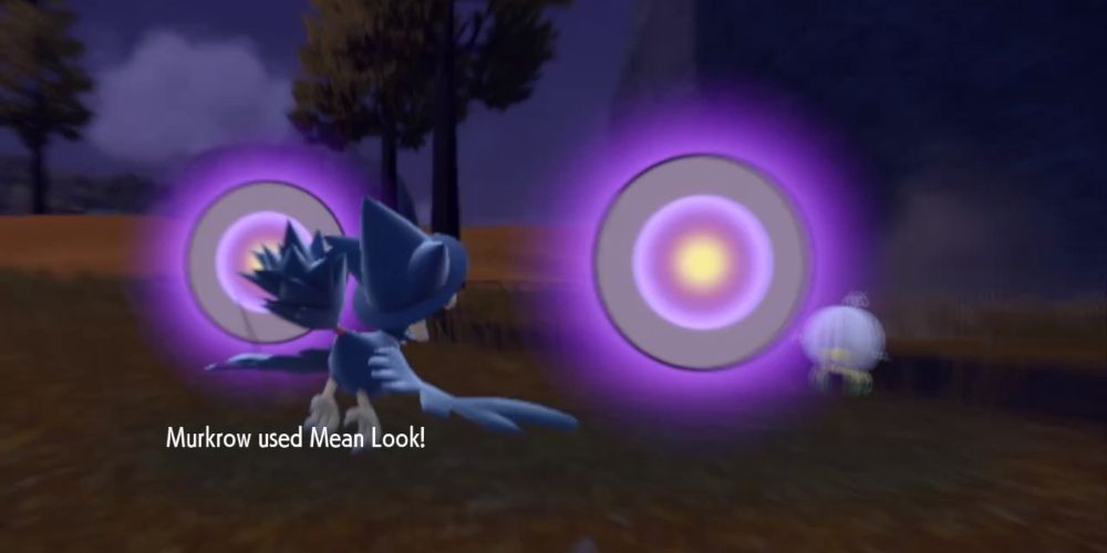 Murkrow using Mean Look on another Pokemon, casting big glowing purple orbs at it in Pokemon