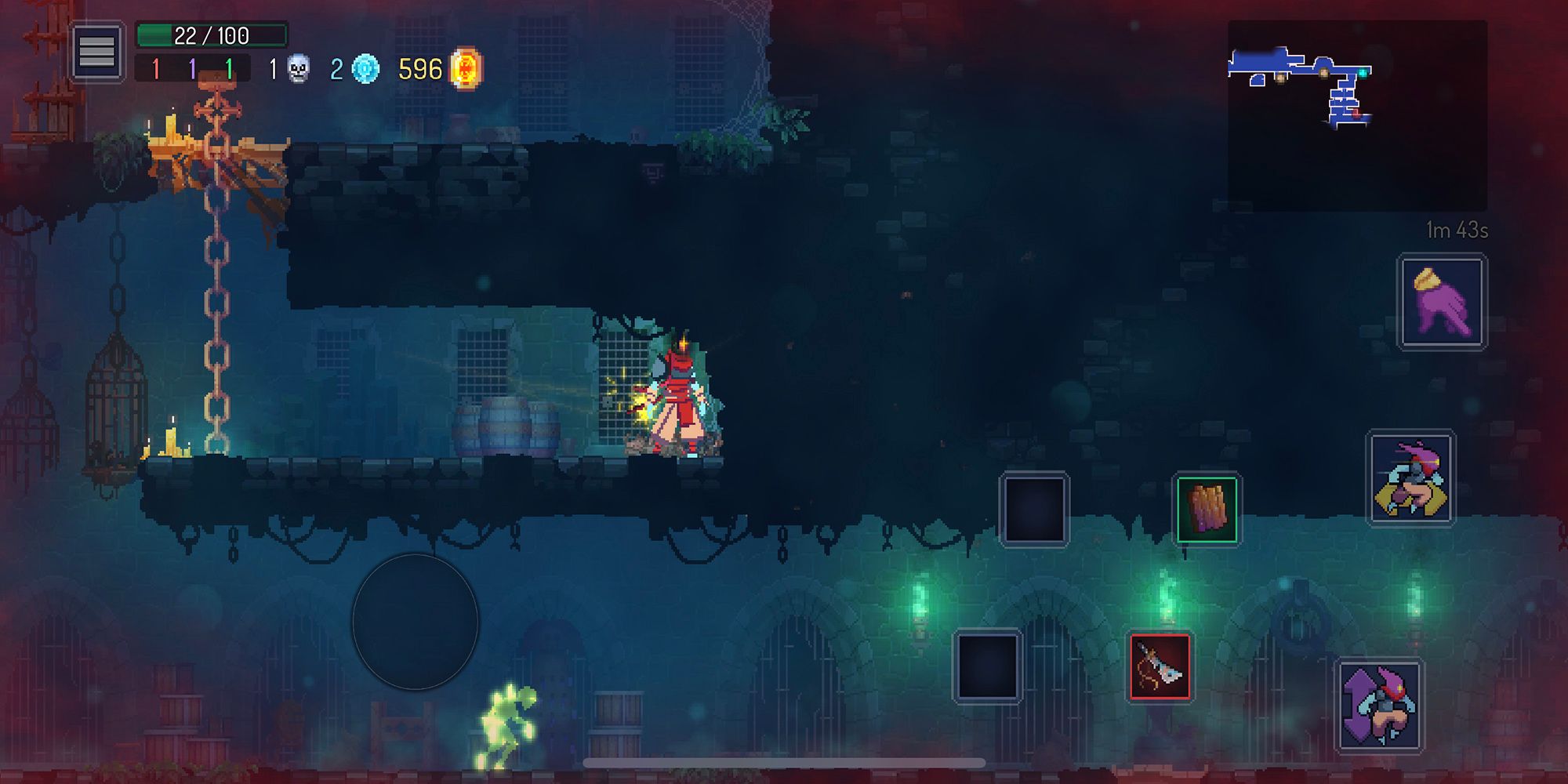 The Beheaded navigates a dark, stony dungeon in Dead Cells+.