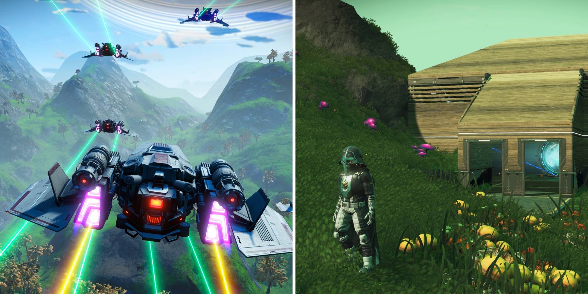 The Utopia Expedition Starship and a Traveler outside a base in No Man's Sky