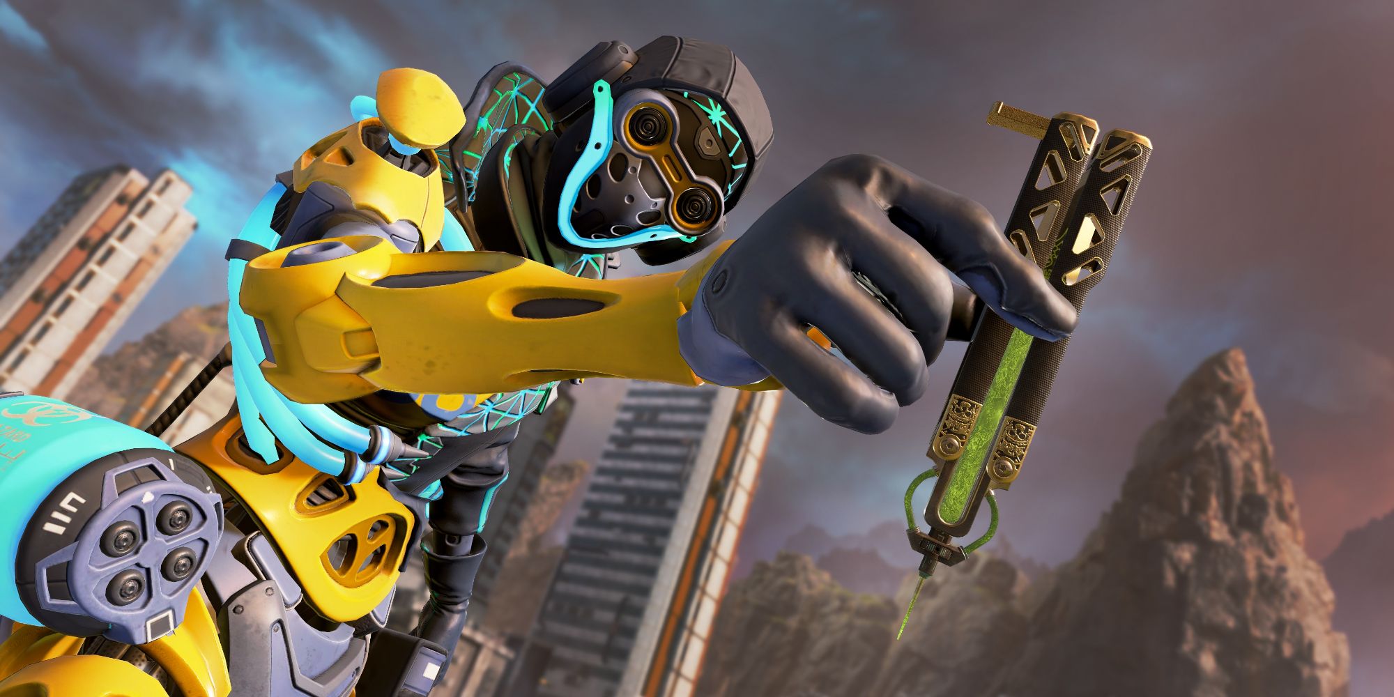 An image of Octane's Heirloom from Apex Legends, a butterfly knife with green liquid in the center of the blade.