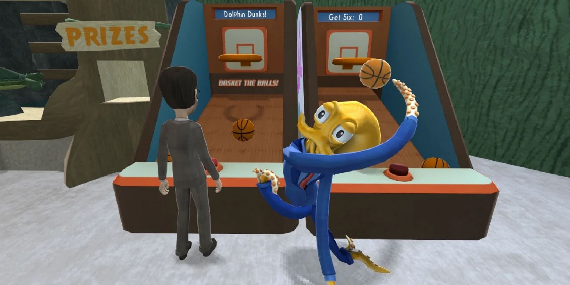 Octopus in a suit throwing a basketball at an arcade game