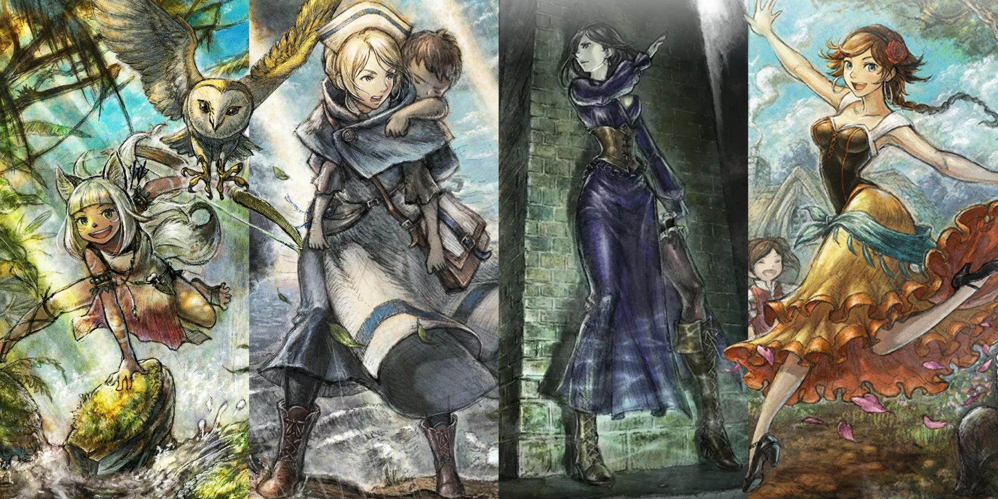 A collage of images showcasing the portraits of some of the main characters of Octopath Traveler 2. From left to right you have: Ochette, Castti, Throné, and Agnea.