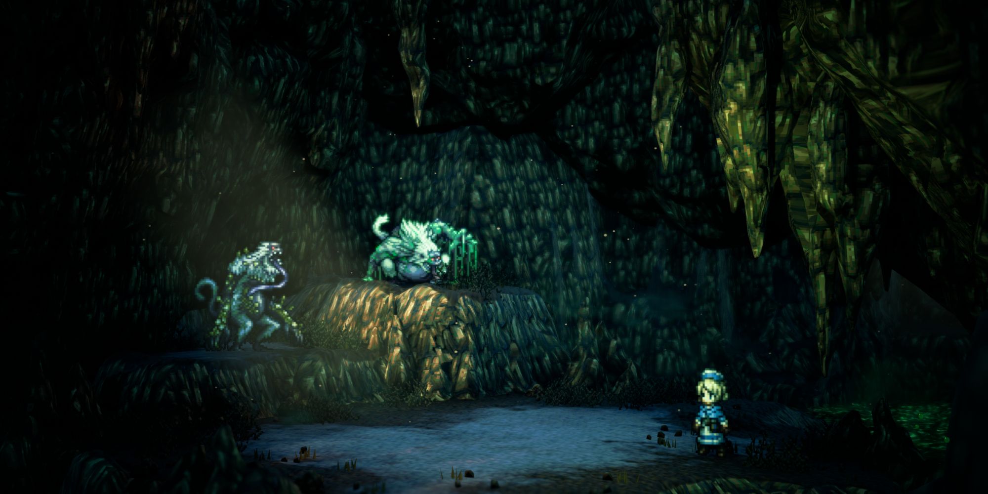 Octopath Traveler 2 - Castti facing two monsters in a cave