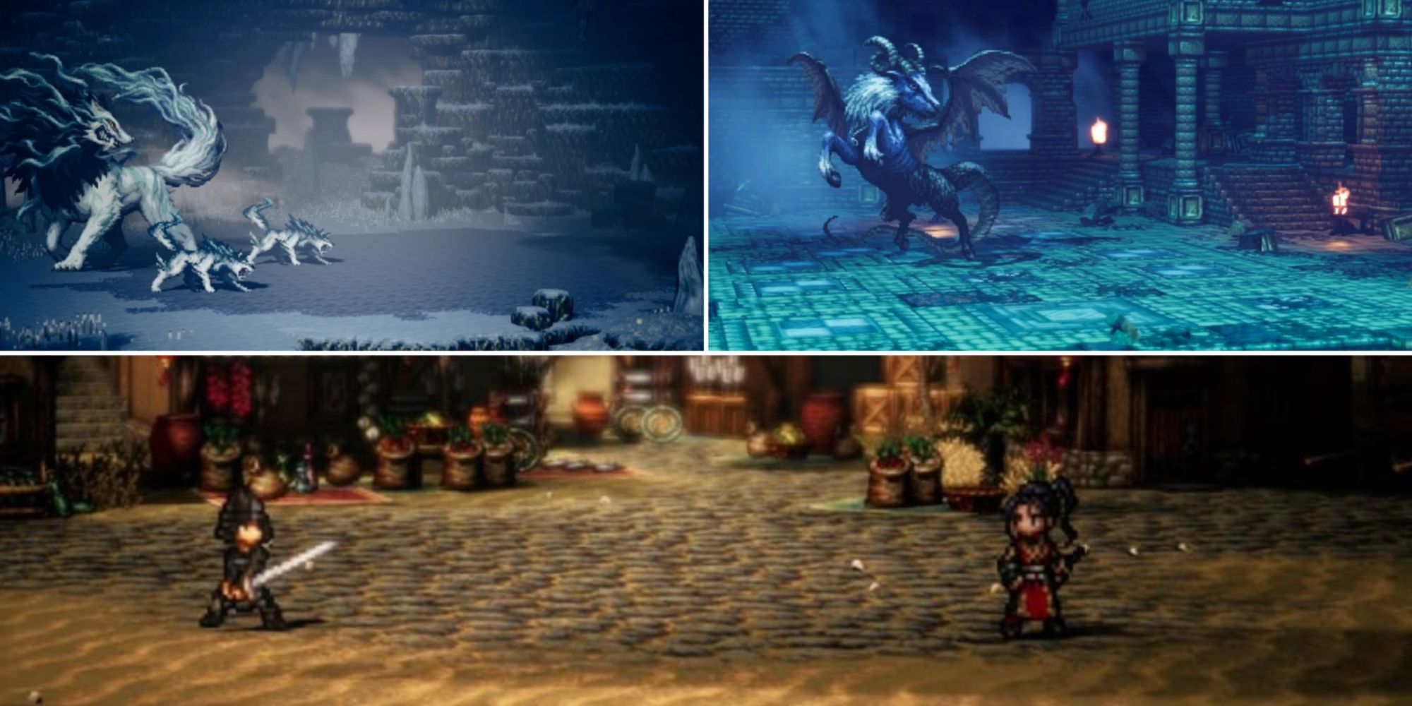 A collage of images, with the top left showcasing the arena of the Dreadwolf boss encounter from the first Octopath Traveler and the top right showcasing the Devourer of Dreams arena, which is also from the first Octopath Traveler title. The bottom image is a dual between Hikari and a soldier in Octopath Traveler 2.