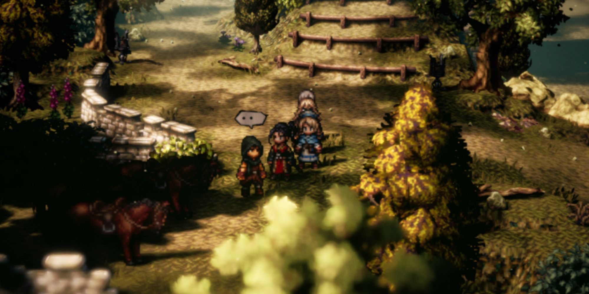Octopath Traveler 2, Hikari confronting the Man with Horses at the bottom of the Eastern Wellgrove Trail