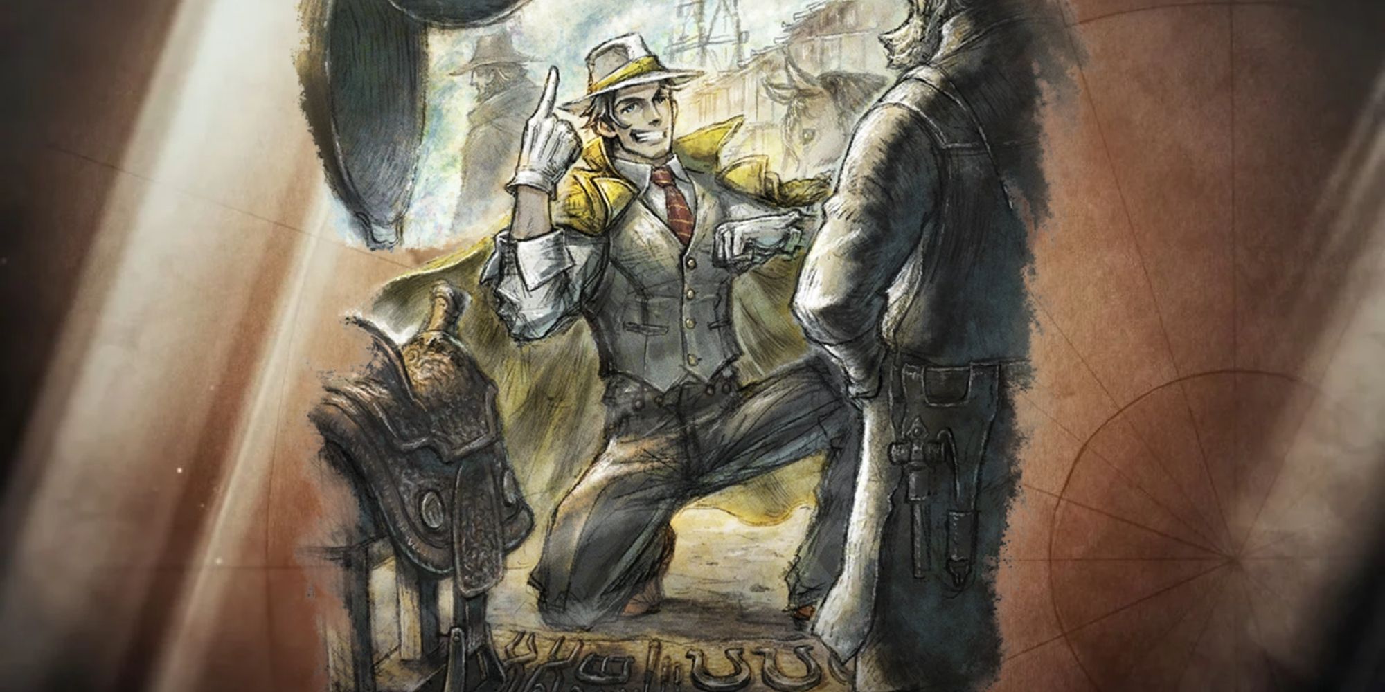 An image of Partitio, the Merchant in Octopath Traveler 2, using his Purchase Path Action to purchase unique items from townspeople.