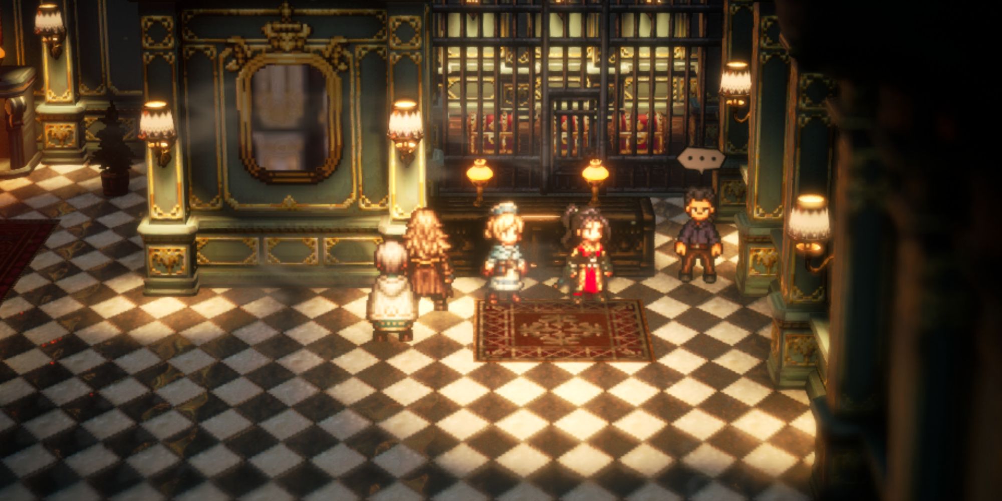 Octopath Traveler 2, Hikari about to challenge the Safe Keeper in the New Deslta Game Parlor