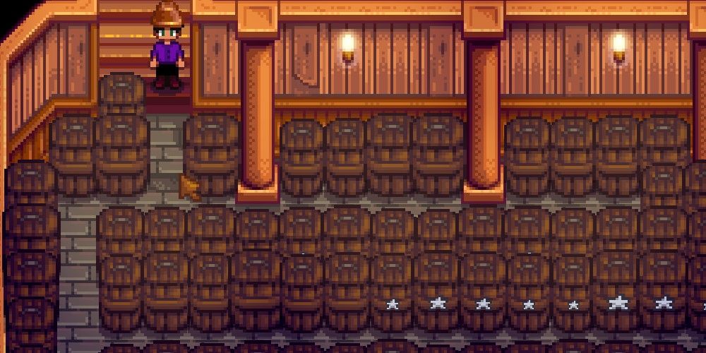 A dark and cramp cellar in Stardew Valley the video game