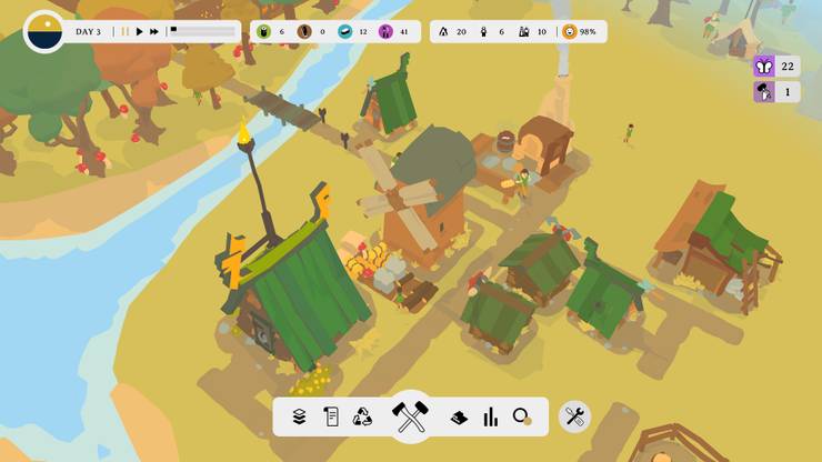 A small village constructed in the town-building simulator game, Outlanders.