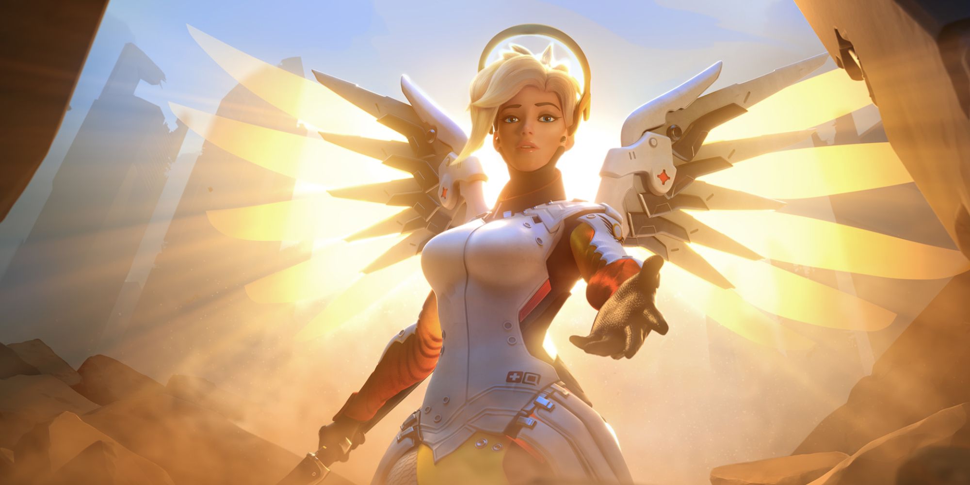 A photo of Mercy from Overwatch, flying down on glowing yellow wings and holding out her hand to help someone. 
