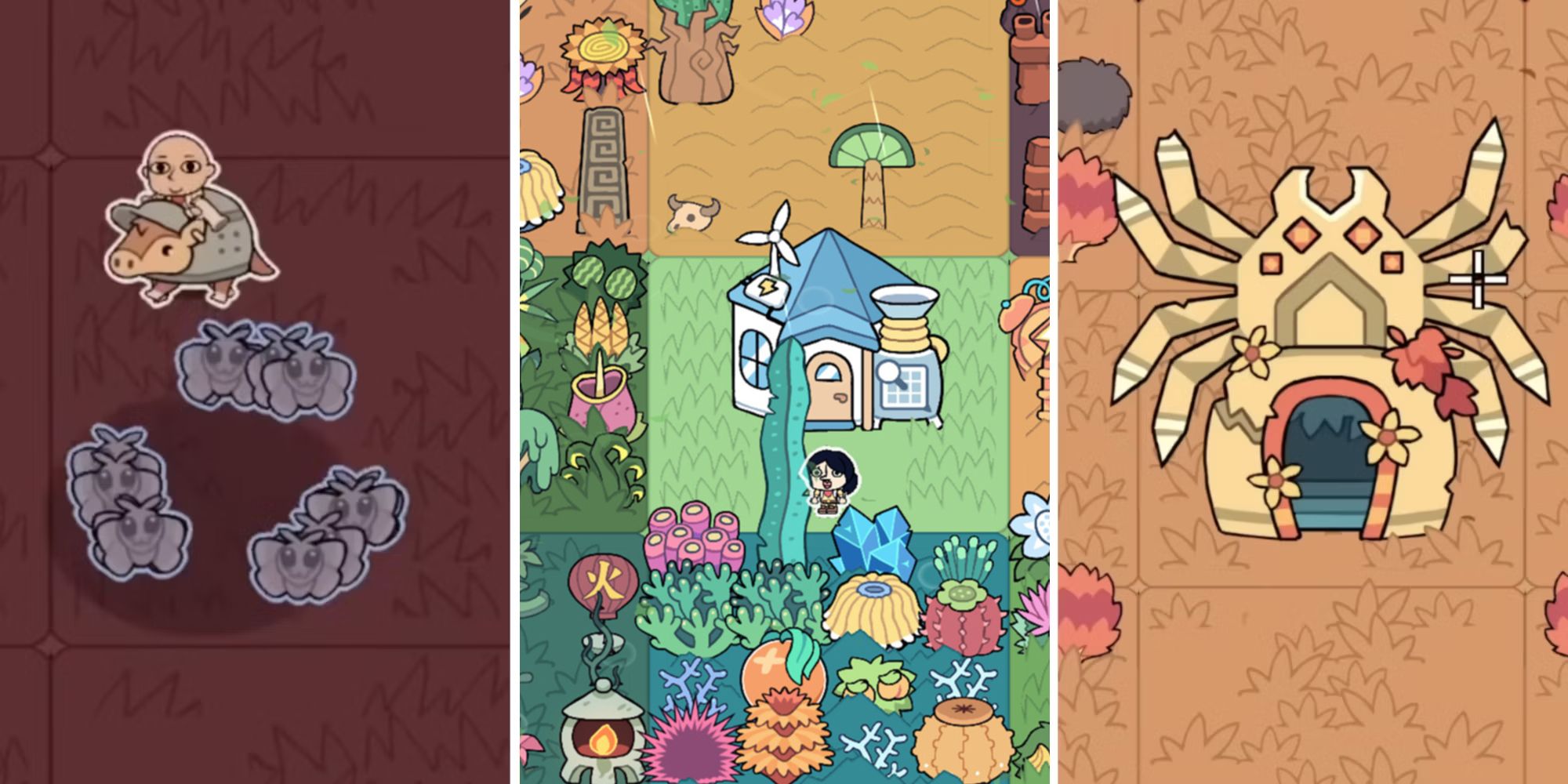 A man riding an armadillo, a large garden, and a house shaped like a spider in Patch Quest.