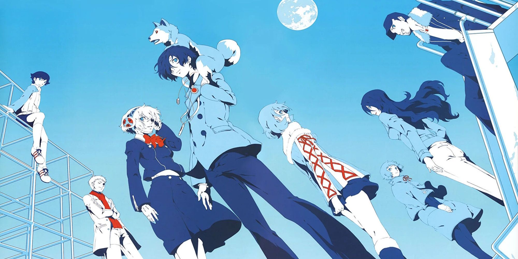 Persona 3 cast on a stylized blue background