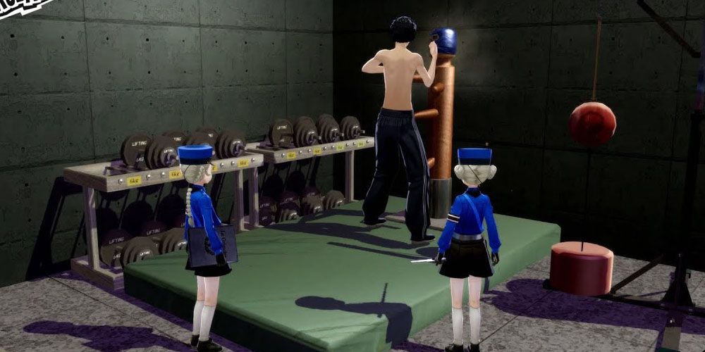 Persona 5 Royal Joker trains at the gym while Justine and Caroline watch
