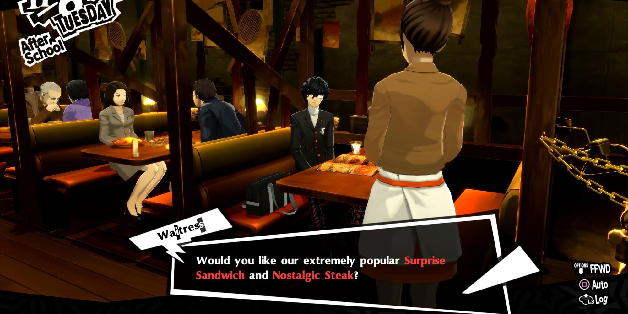 Persona 5 Royal - the protagaonist orders at the diner while studying 