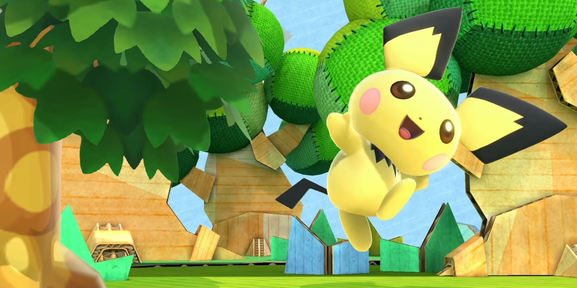 An image of Pichu from Smash Ultimate, jumping and smiling on one of the stages.