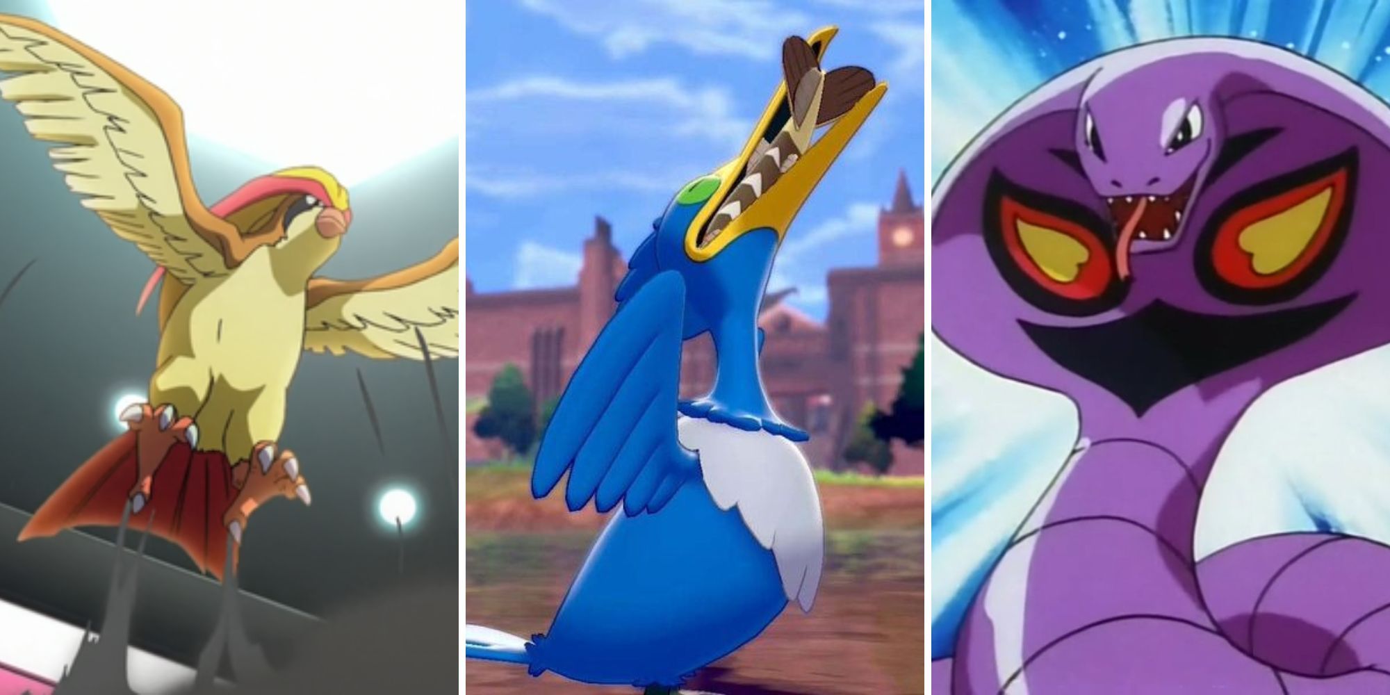 Pidgeot flies in the air, Cramorant battles with an Arrokuda in it's mouth, Arbok prepares to battle
