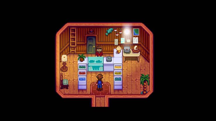 Player in the fishing shop in Stardew Valley