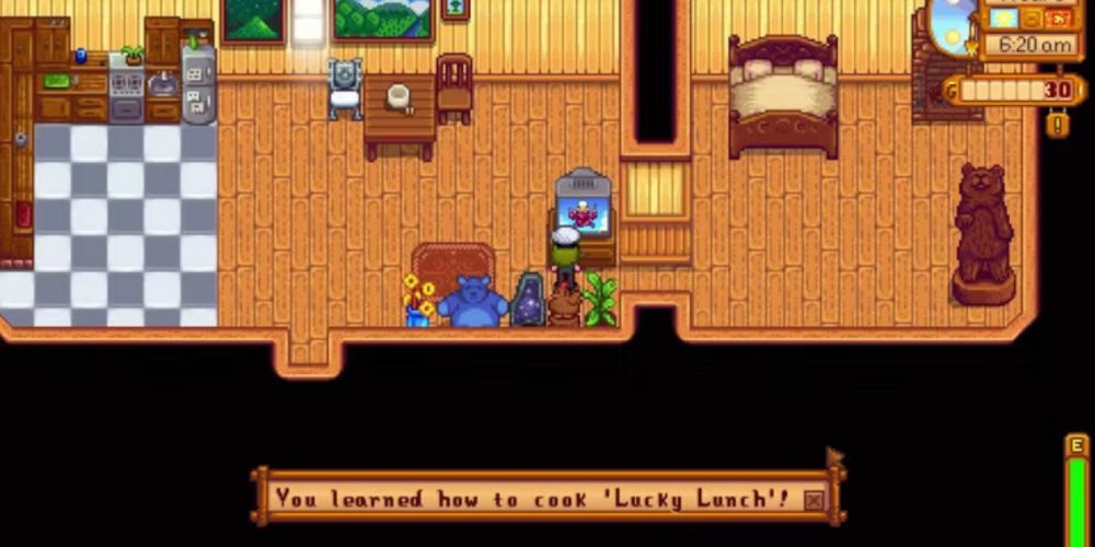 Player learns how to make Lucky Lunch in Stardew Valley from watching television.