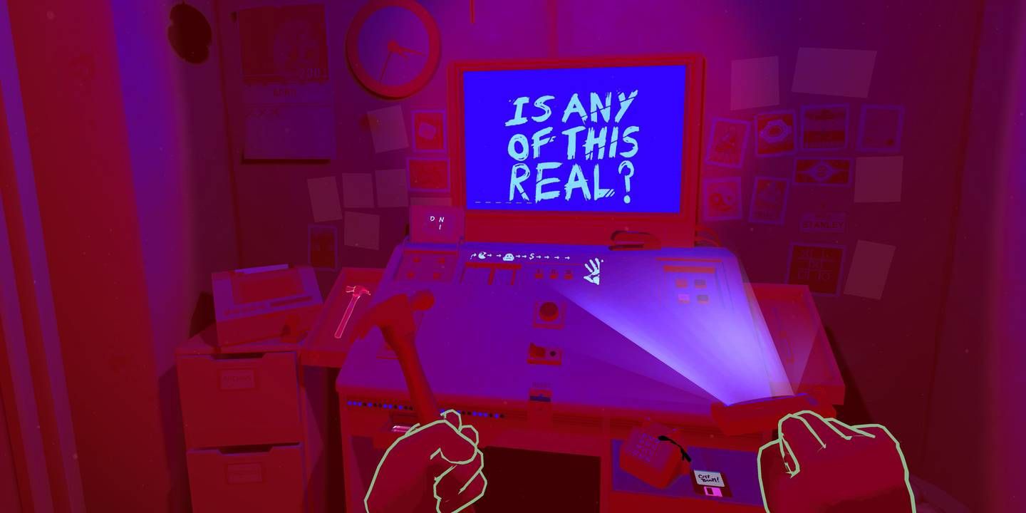 In Please, Don't Touch Anything, a bright pink scene shows the player holding a hammer, looking at a computer screen that says 