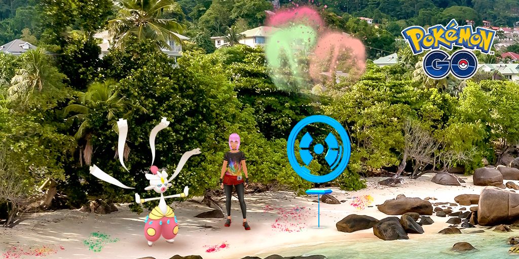 Pokemon Go: Гайд по рейдам Mega Medicham 2 Изображение Mega Medicham и тренера Pokemon Go рядом с PokeStop на пляже