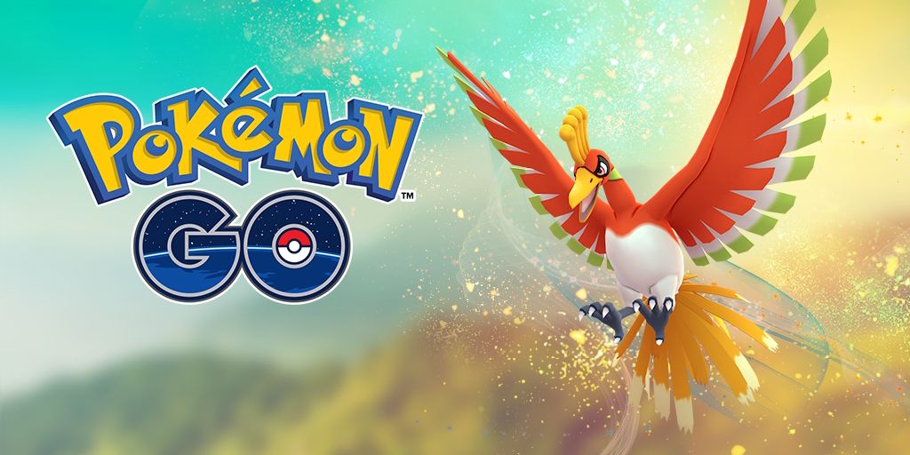 Хо-Ох из покемонов, летящих в небе с логотипом Pokemon Go слева