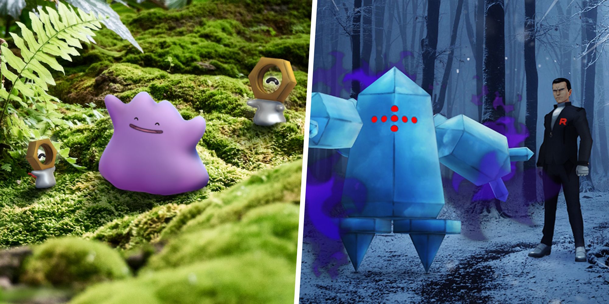Image of two Meltan and a Ditto in a forest split with an image of Shadow Regice and Giovanni