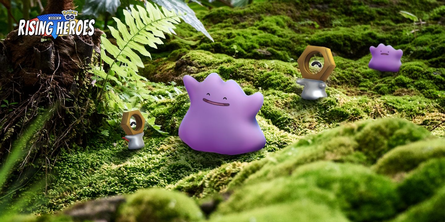 Two Ditto and two Meltan stand on the ground of a forest