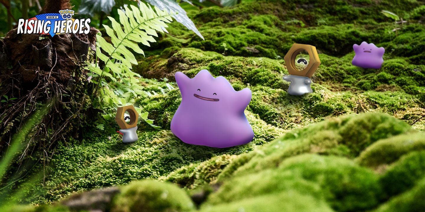 Two Ditto and two Meltan standing on the ground of a forest