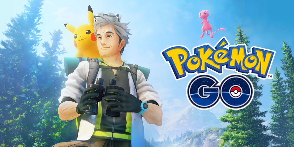 Professor Willow with Pikachu on his shoulder, with Mew and the Pokemon Go logo to the left