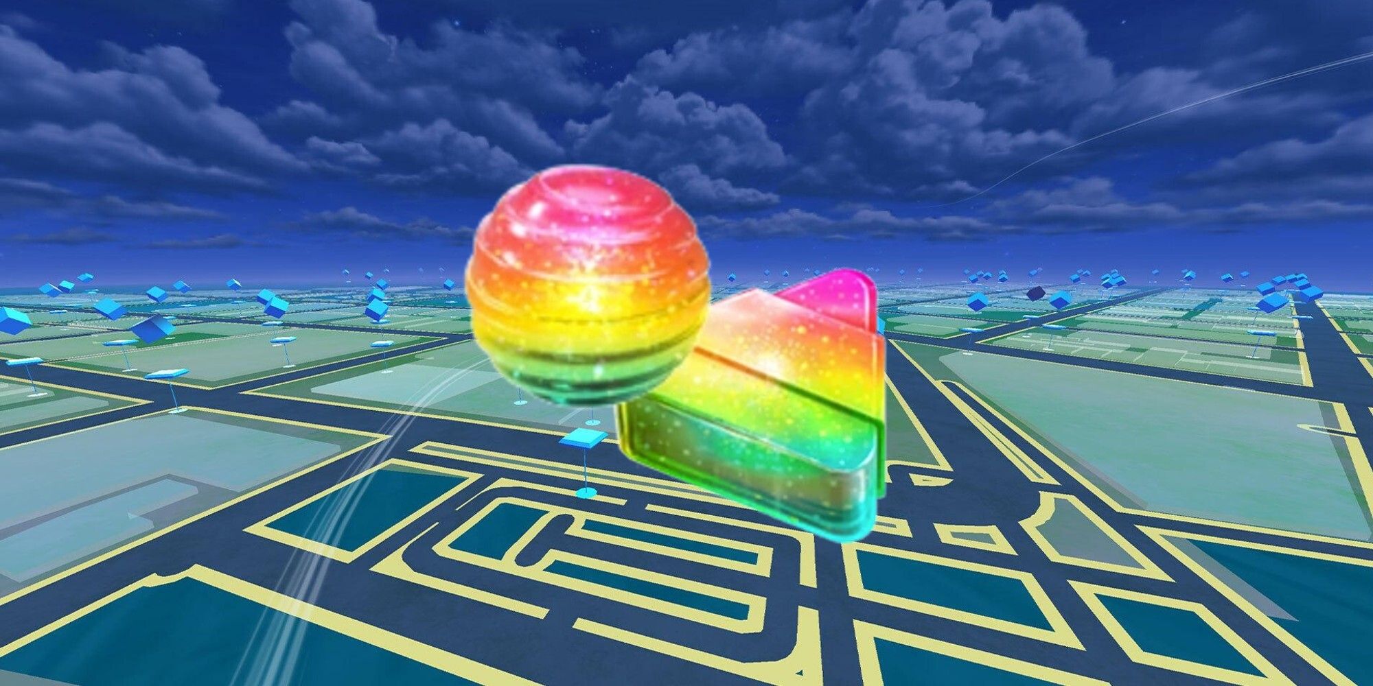 Pokemon Go Rare Candy with pokestops in the background