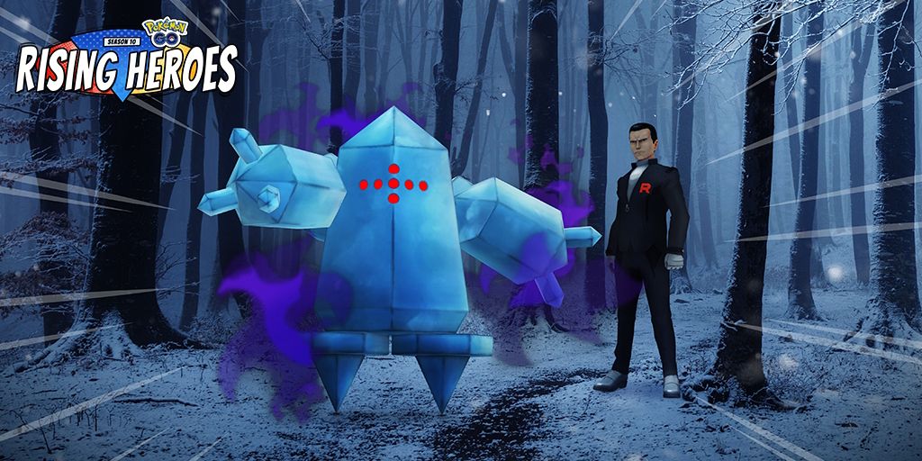 Giovanni is standing next to the shadow rash, with a background of snow.